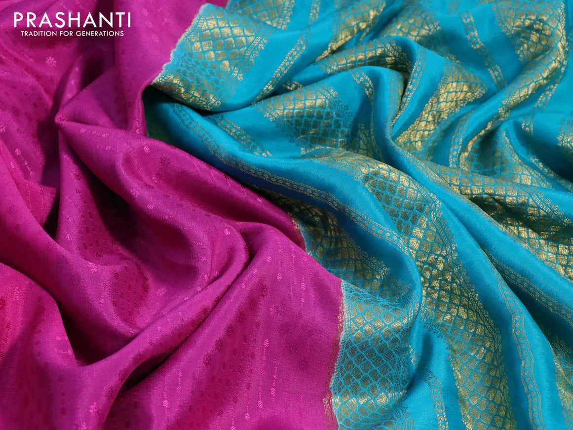 Pure mysore silk saree magenta pink and teal blue with allover self emboss and zari woven border