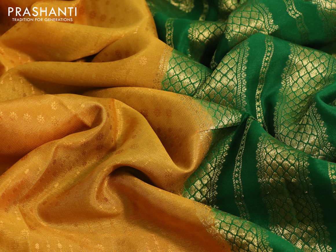 Pure mysore silk saree mustard yellow and green with allover self emboss and zari woven border