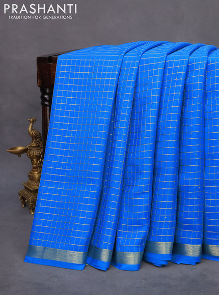 Pure mysore silk saree cs blue with allover zari checked pattern and zari woven border