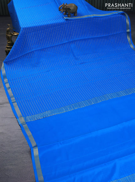 Pure mysore silk saree cs blue with allover zari checked pattern and zari woven border