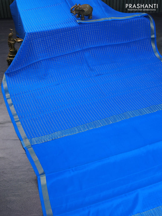 Pure mysore silk saree cs blue with allover zari checked pattern and zari woven border