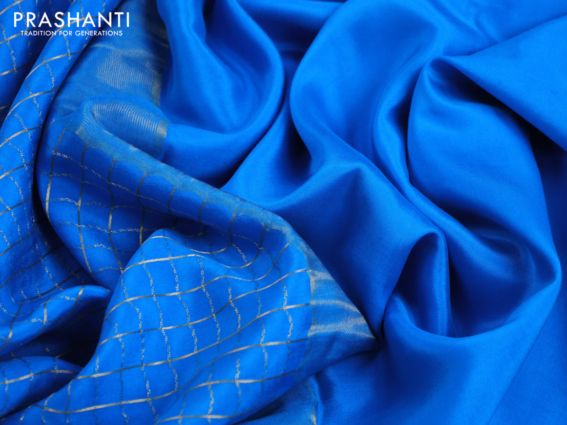 Pure mysore silk saree cs blue with allover zari checked pattern and zari woven border