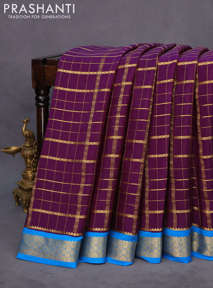 Pure mysore silk saree deep purple and cs blue with allover zari checked pattern and zari woven border