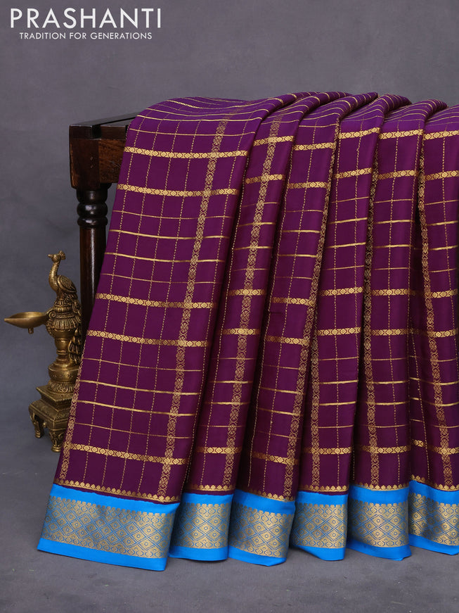 Pure mysore silk saree deep purple and cs blue with allover zari checked pattern and zari woven border