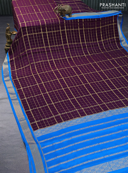 Pure mysore silk saree deep purple and cs blue with allover zari checked pattern and zari woven border