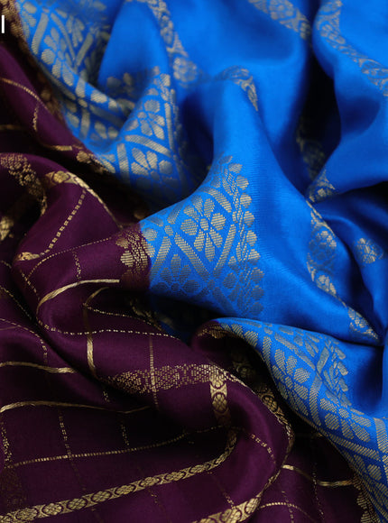 Pure mysore silk saree deep purple and cs blue with allover zari checked pattern and zari woven border