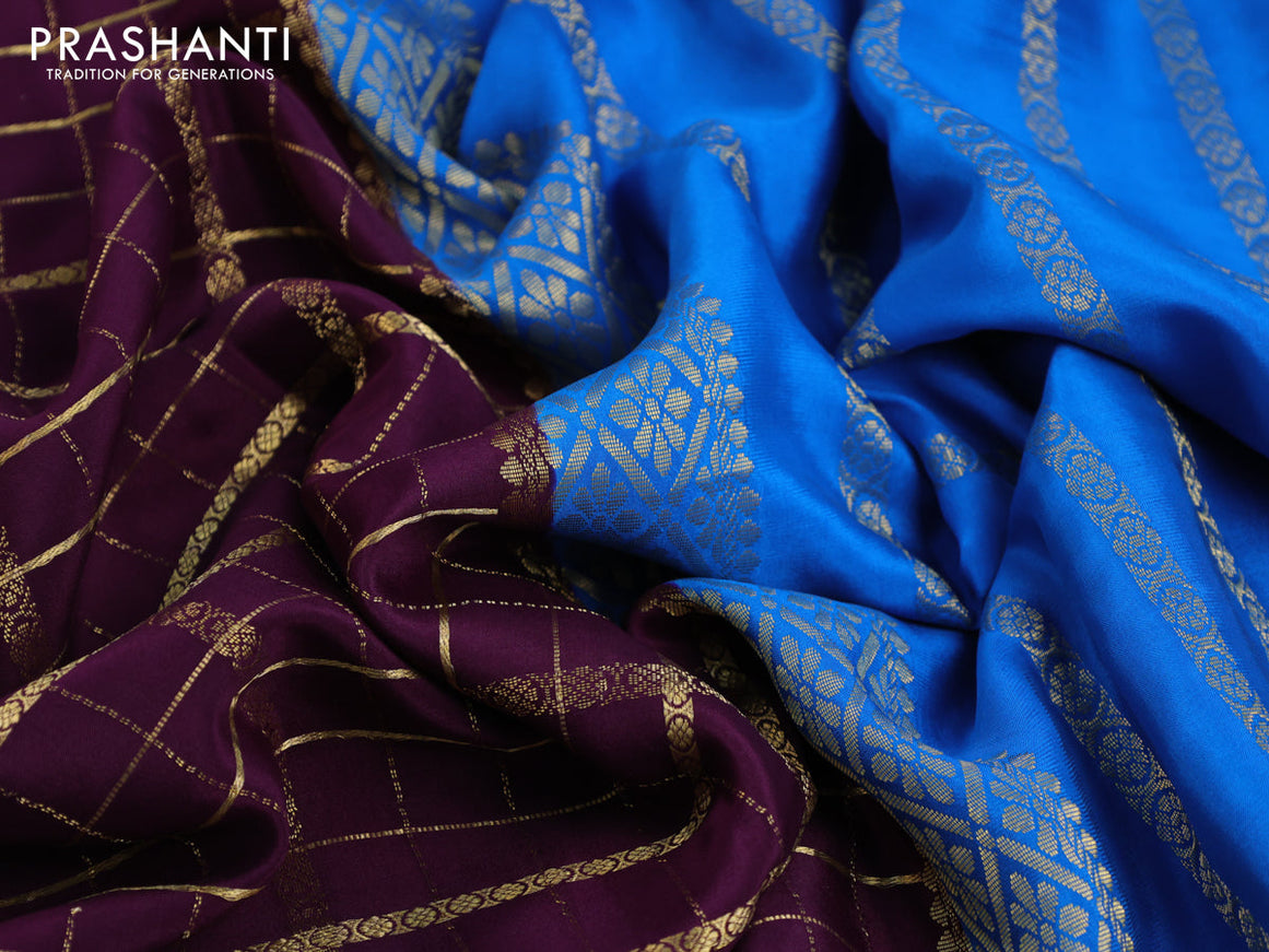 Pure mysore silk saree deep purple and cs blue with allover zari checked pattern and zari woven border