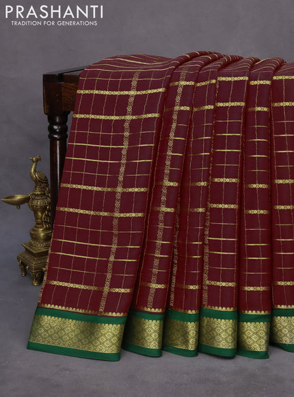 Pure mysore silk saree maroon and green with allover zari stripe pattern and zari woven border