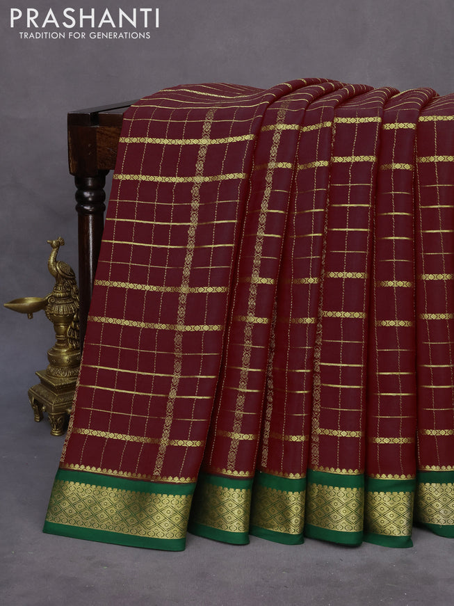 Pure mysore silk saree maroon and green with allover zari stripe pattern and zari woven border