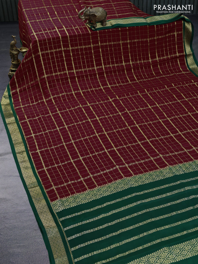 Pure mysore silk saree maroon and green with allover zari stripe pattern and zari woven border