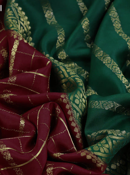 Pure mysore silk saree maroon and green with allover zari stripe pattern and zari woven border