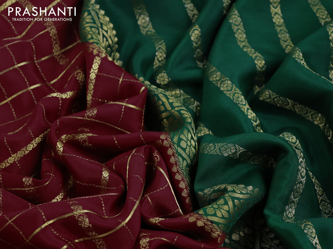 Pure mysore silk saree maroon and green with allover zari stripe pattern and zari woven border