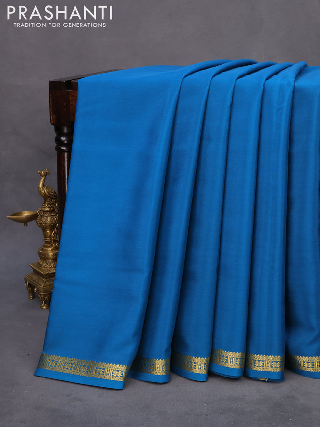 Pure mysore silk saree peacock blue with plain body and zari woven border