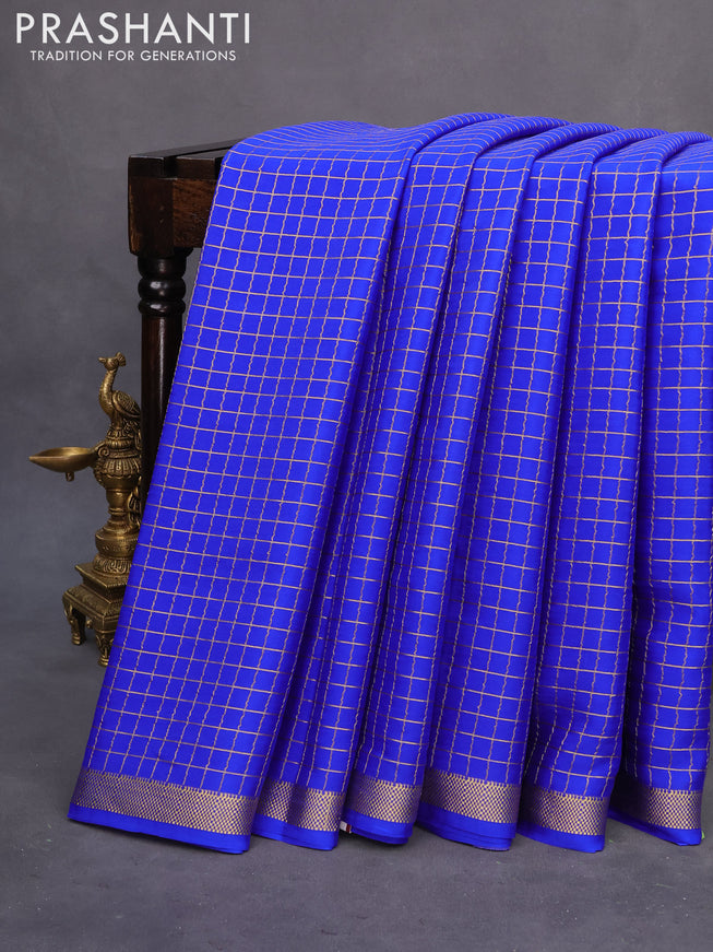 Pure mysore silk saree royal blue with allover zari checked pattern and zari woven border