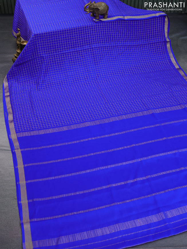 Pure mysore silk saree royal blue with allover zari checked pattern and zari woven border