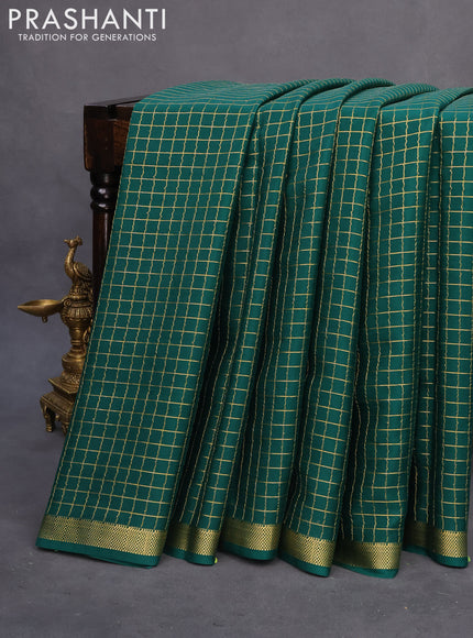 Pure mysore silk saree dark green with allover zari checked pattern and zari woven border