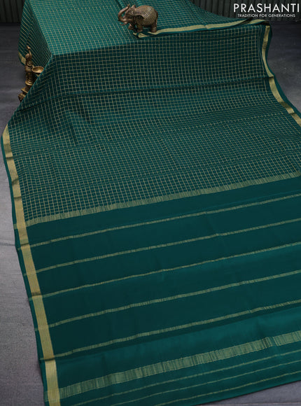 Pure mysore silk saree dark green with allover zari checked pattern and zari woven border