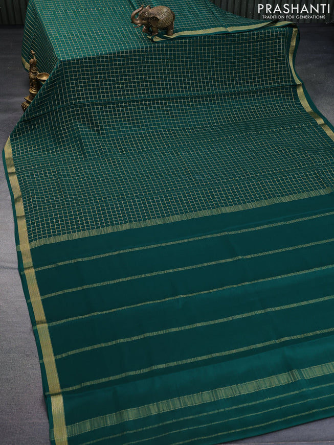 Pure mysore silk saree dark green with allover zari checked pattern and zari woven border