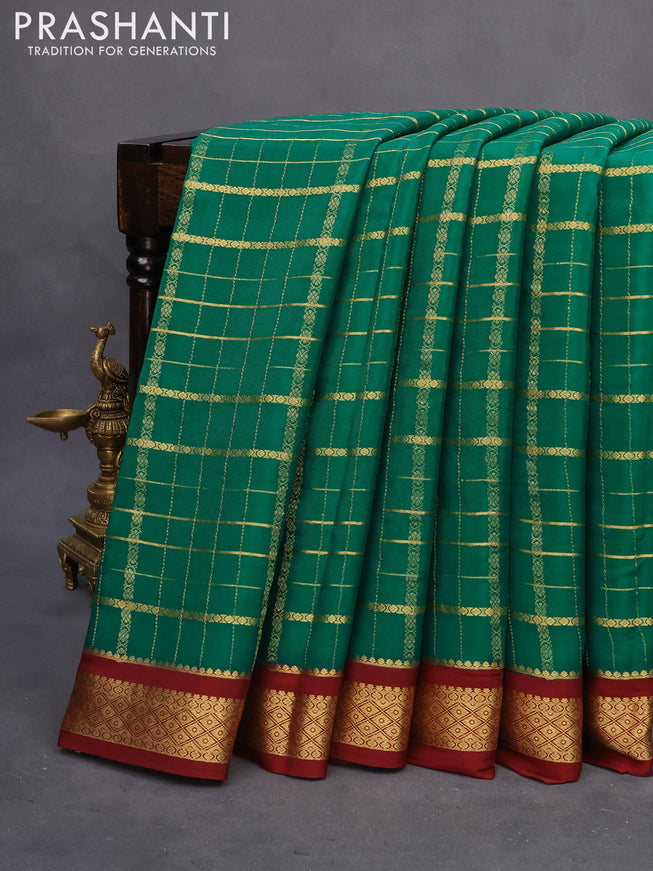 Pure mysore silk saree green and maroon with allover zari checked pattern and zari woven border