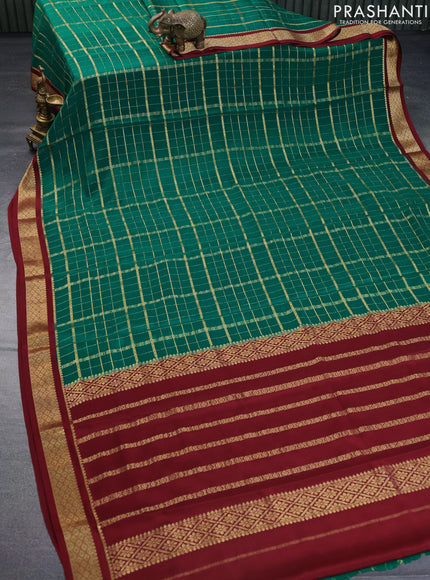 Pure mysore silk saree green and maroon with allover zari checked pattern and zari woven border