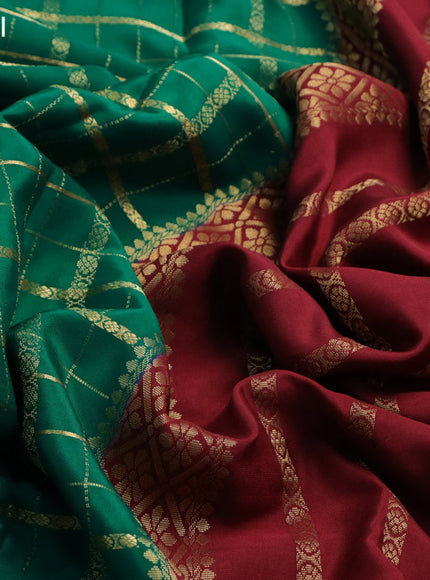 Pure mysore silk saree green and maroon with allover zari checked pattern and zari woven border