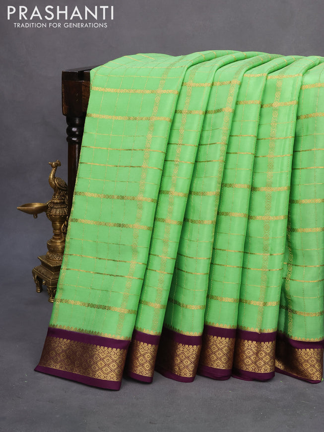 Pure mysore silk saree light green and deep purple with allover zari checked pattern and zari woven border