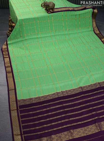 Pure mysore silk saree light green and deep purple with allover zari checked pattern and zari woven border