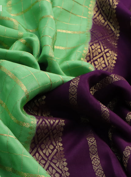 Pure mysore silk saree light green and deep purple with allover zari checked pattern and zari woven border