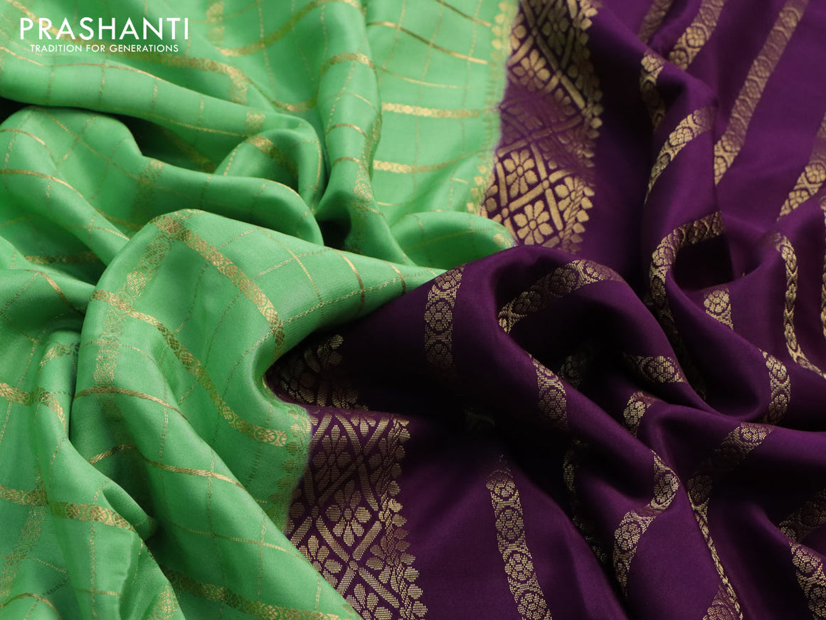 Pure mysore silk saree light green and deep purple with allover zari checked pattern and zari woven border