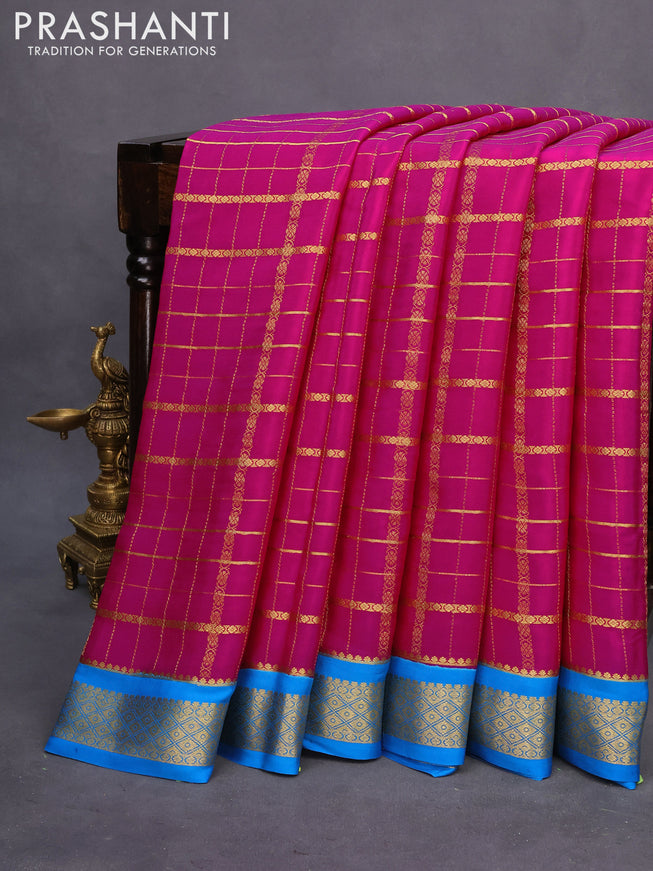 Pure mysore silk saree pink and cs blue with allover zari checked pattern and zari woven border