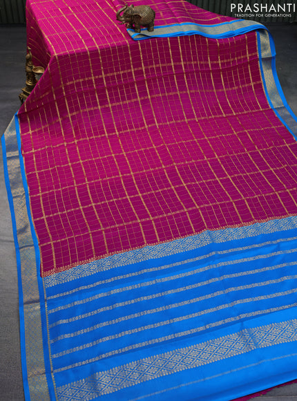 Pure mysore silk saree pink and cs blue with allover zari checked pattern and zari woven border