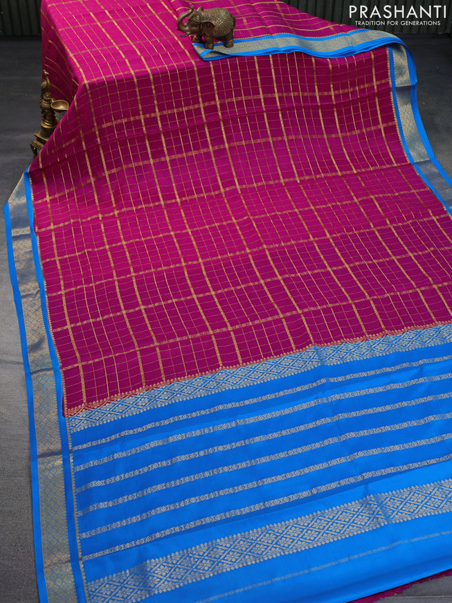 Pure mysore silk saree pink and cs blue with allover zari checked pattern and zari woven border