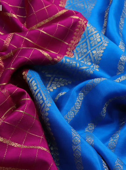 Pure mysore silk saree pink and cs blue with allover zari checked pattern and zari woven border