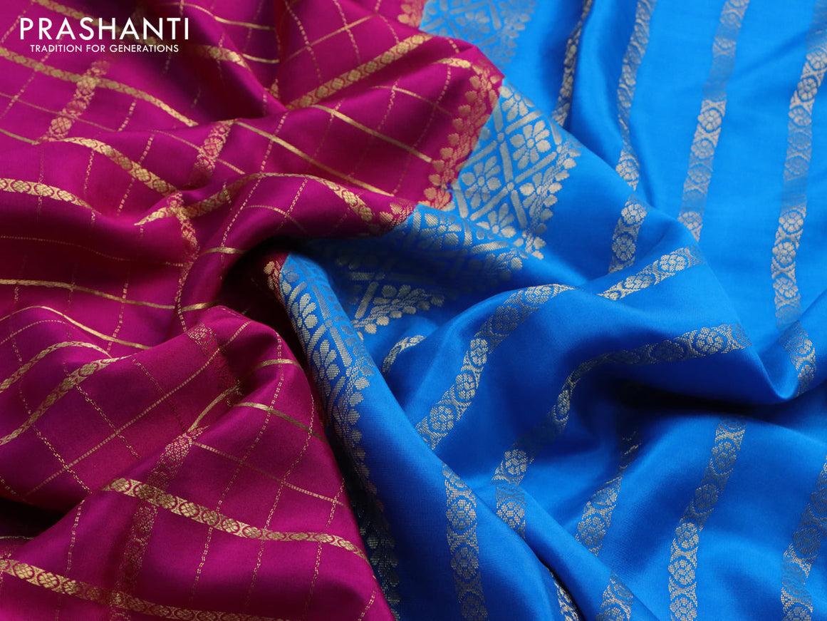 Pure mysore silk saree pink and cs blue with allover zari checked pattern and zari woven border