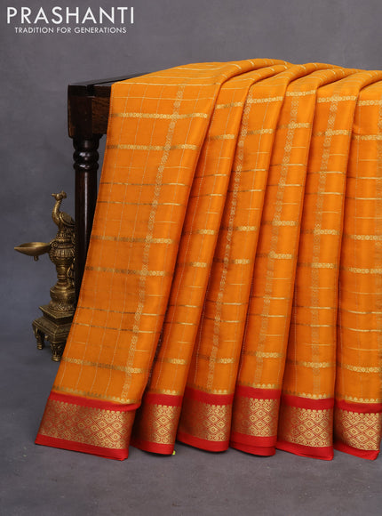 Pure mysore silk saree mustard yellow and red with allover zari checked pattern and zari woven border