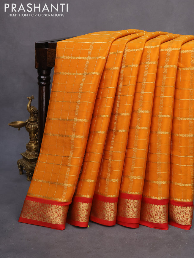 Pure mysore silk saree mustard yellow and red with allover zari checked pattern and zari woven border