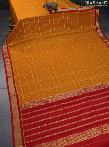 Pure mysore silk saree mustard yellow and red with allover zari checked pattern and zari woven border