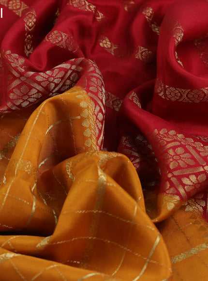 Pure mysore silk saree mustard yellow and red with allover zari checked pattern and zari woven border