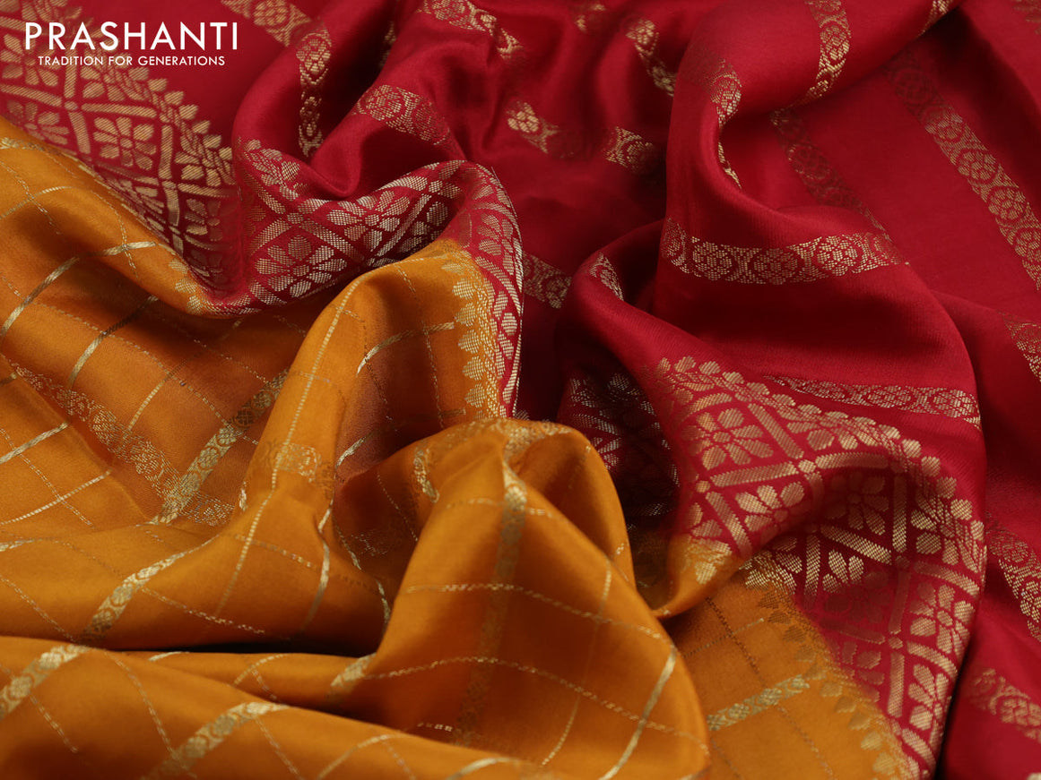 Pure mysore silk saree mustard yellow and red with allover zari checked pattern and zari woven border