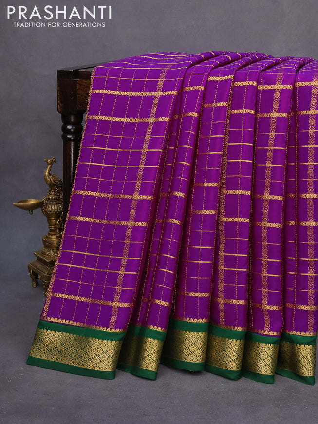 Pure mysore silk saree purple and green with allover zari checked pattern and zari woven border