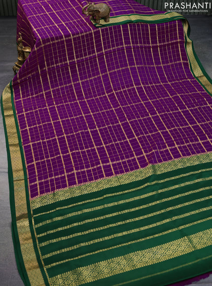 Pure mysore silk saree purple and green with allover zari checked pattern and zari woven border