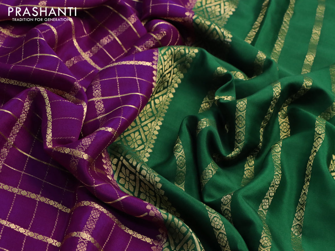 Pure mysore silk saree purple and green with allover zari checked pattern and zari woven border