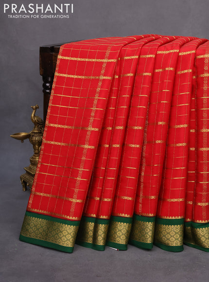 Pure mysore silk saree red and green with allover zari checked pattern and zari woven border