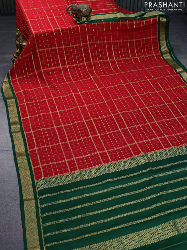 Pure mysore silk saree red and green with allover zari checked pattern and zari woven border