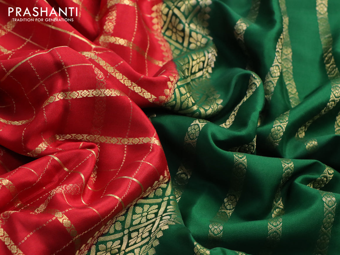 Pure mysore silk saree red and green with allover zari checked pattern and zari woven border