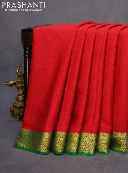 Pure mysore silk saree red and green with allover self emboss and zari woven border