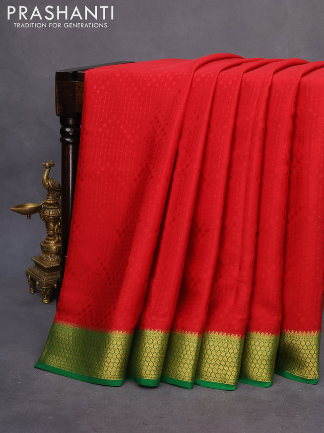 Pure mysore silk saree red and green with allover self emboss and zari woven border