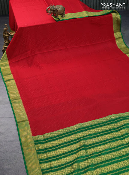 Pure mysore silk saree red and green with allover self emboss and zari woven border