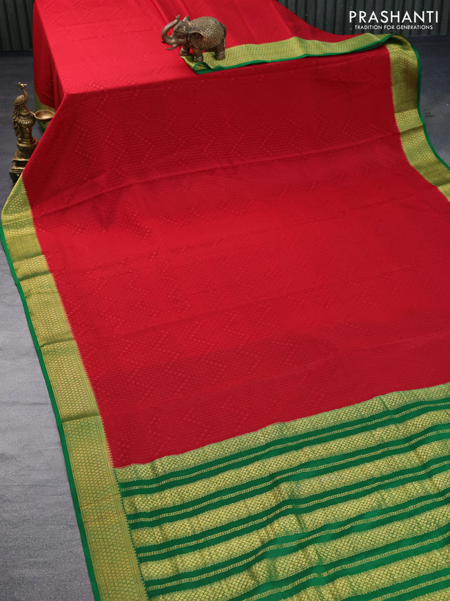 Pure mysore silk saree red and green with allover self emboss and zari woven border