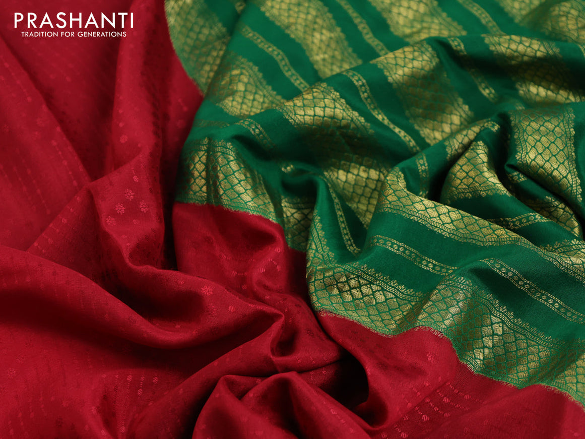 Pure mysore silk saree red and green with allover self emboss and zari woven border